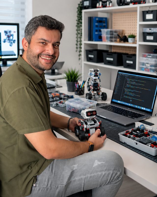 Kodlama eğitmeni Hakkı Ayman, eğitim atölyesinde LEGO MINDSTORMS EV3 robotuyla çalışırken